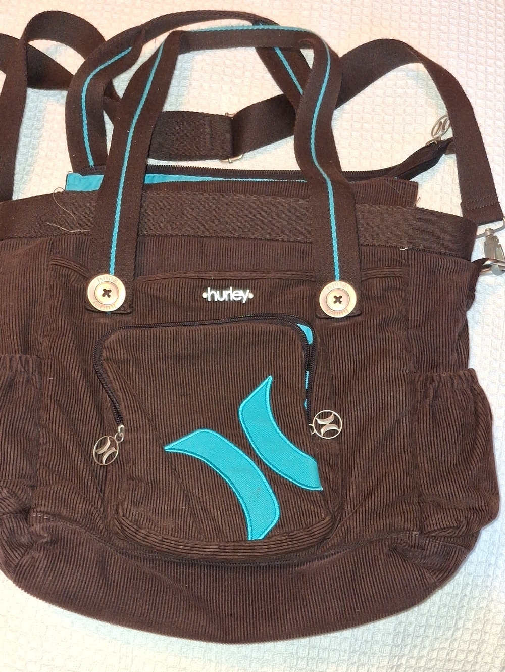 Hurley Brown Corduroy Laptop Bag with Turquoise Trim